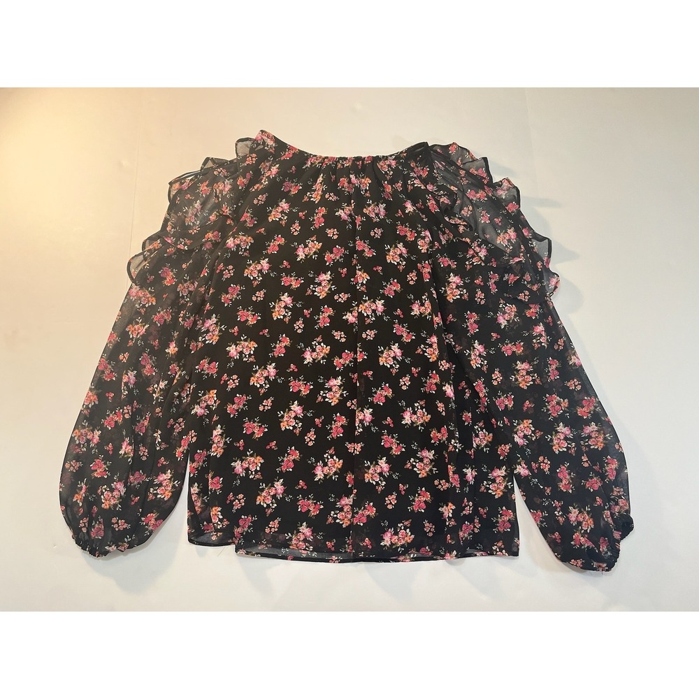 CeCe Cold Shoulder Blouse Womens S Black Floral Ruffle Sleeve Boho Summer Office